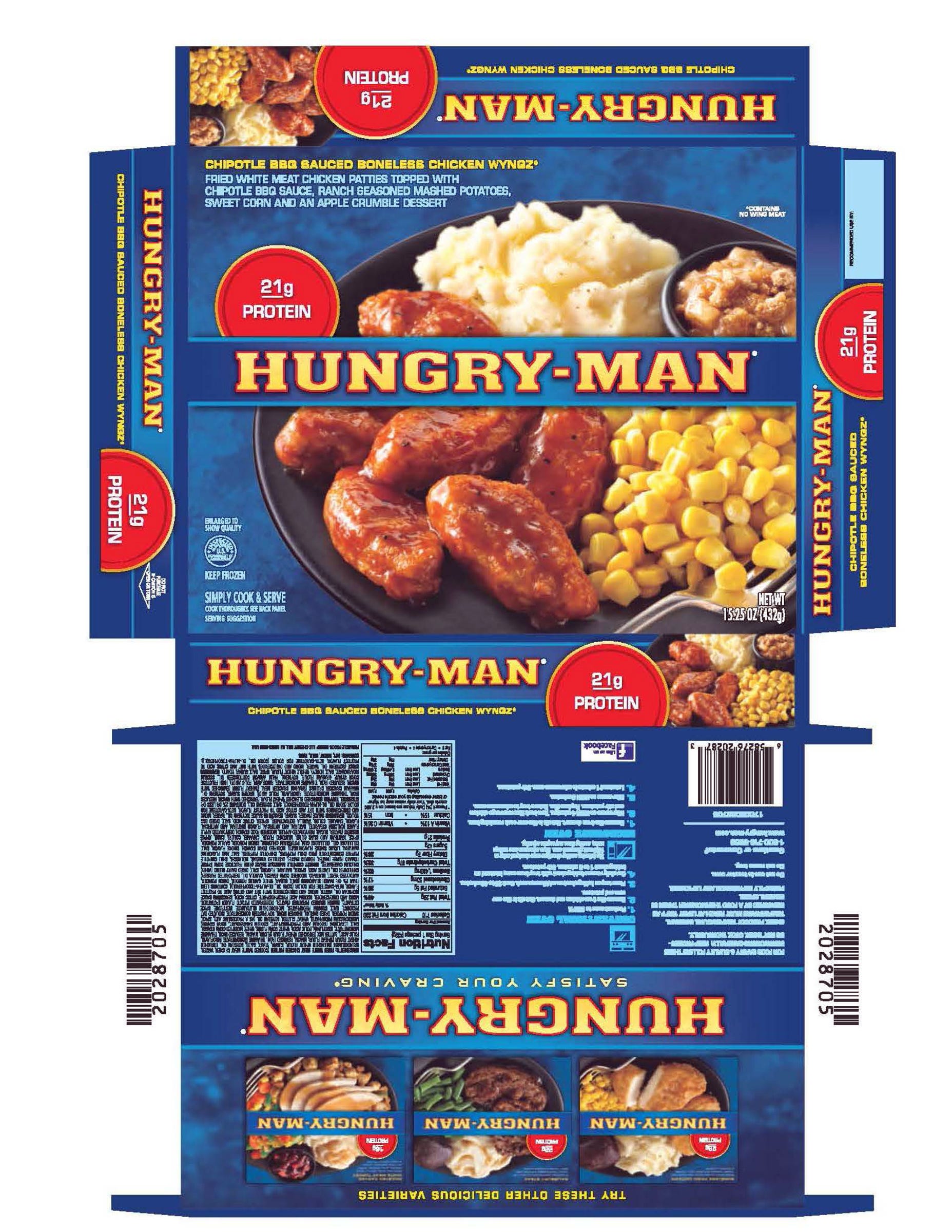 Recalled because of possible Salmonella contamination are 15.25-oz. individual frozen microwavable dinners with “HUNGRY MAN CHIPOTLE BBQ SAUCED BONELESS CHICKEN WYNGZ” printed on the label and bearing a best buy date of 9/6/19.