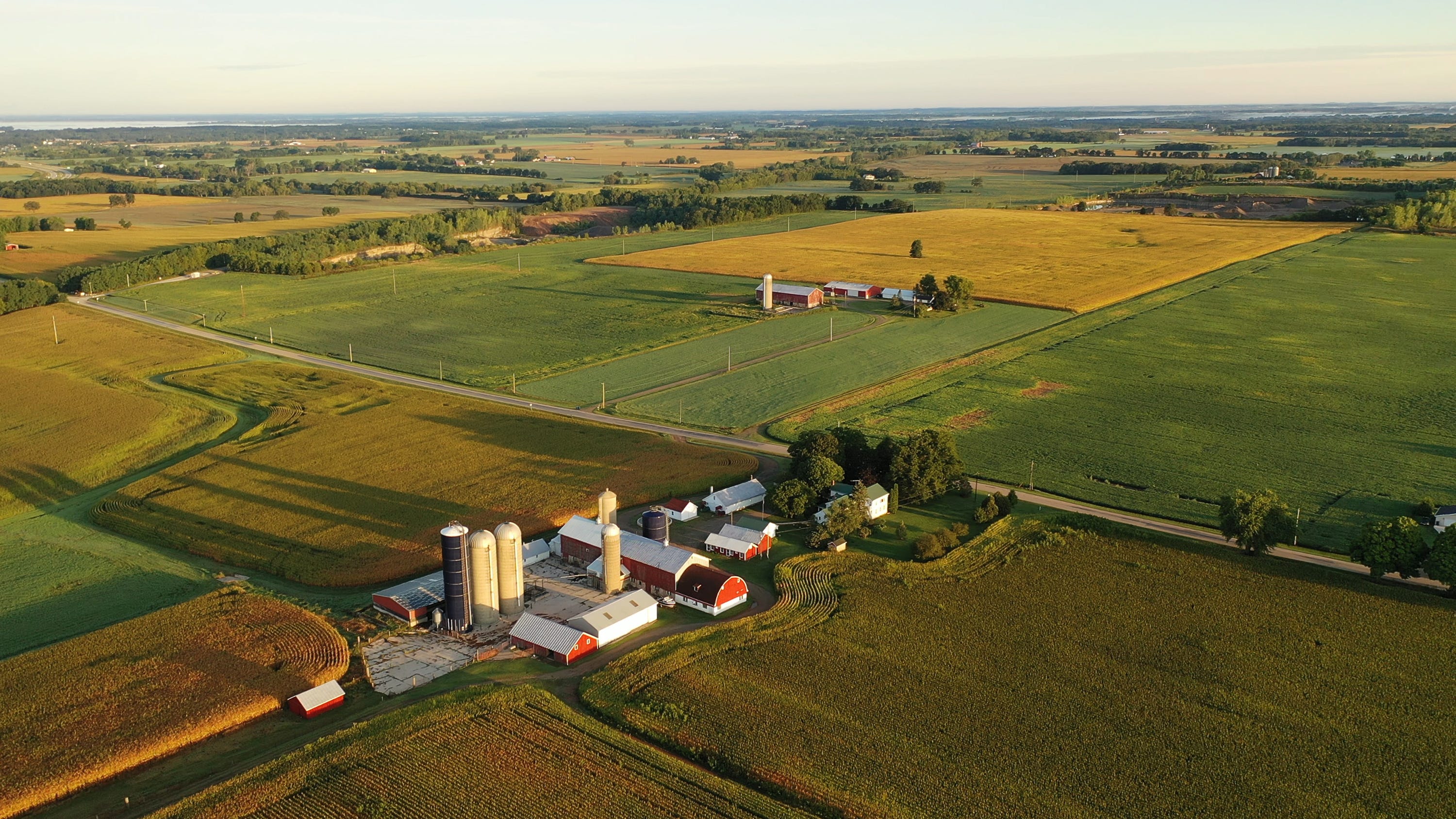 Aerial view of farms.