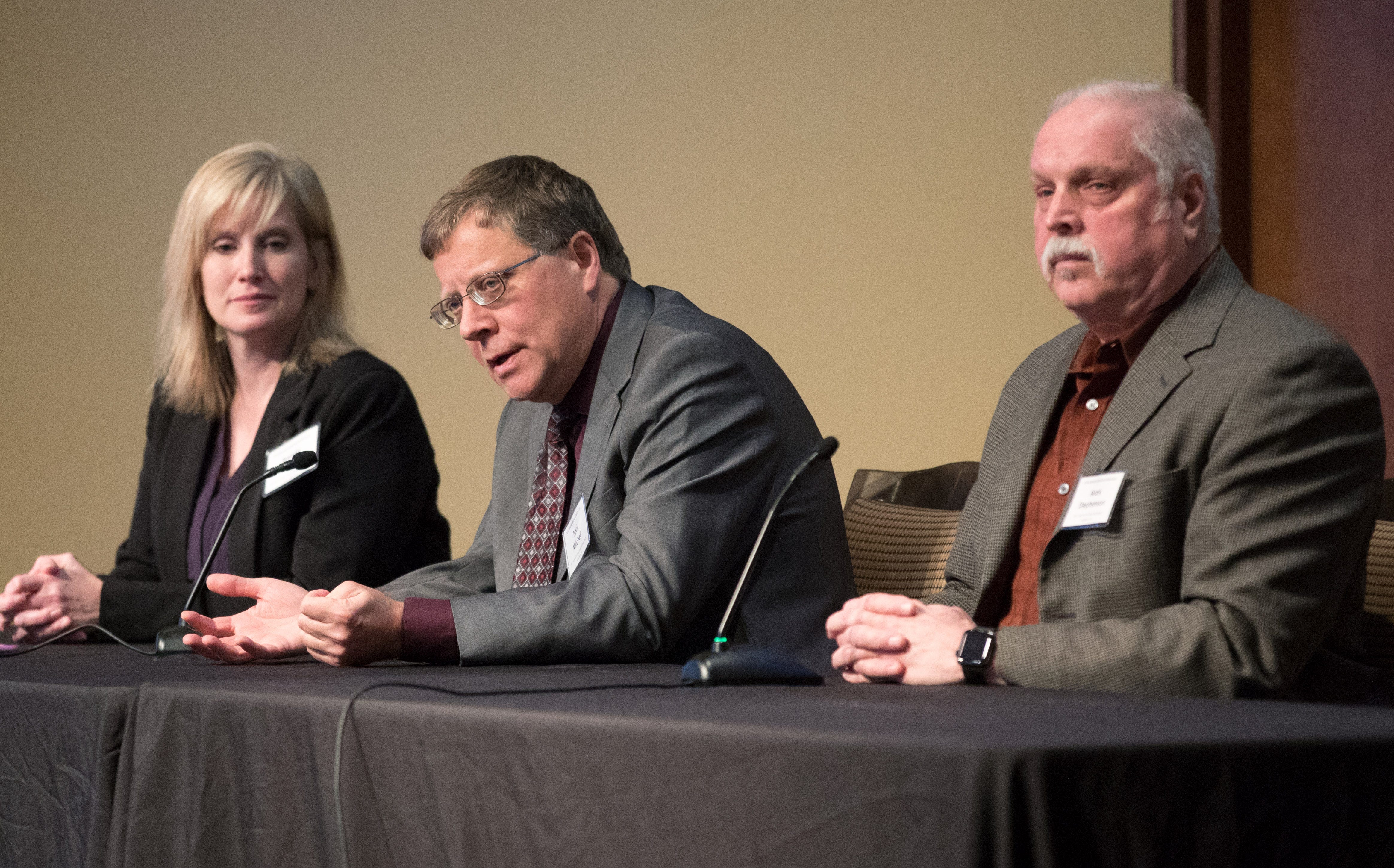 From left, Brenda Boetel, a professor of agricultural economics at UW-River Falls, Paul Mitchell, professor of agricultural and applied economics at UWÐMadison, and  Mark Stephenson, professor of agricultural and applied economics at UWÐMadison, participate in a panel during the 2019 Wisconsin Agricultural Outlook Forum at Union South at UW-Madison in Madison, Wis., Tuesday, Jan. 29, 2019.
