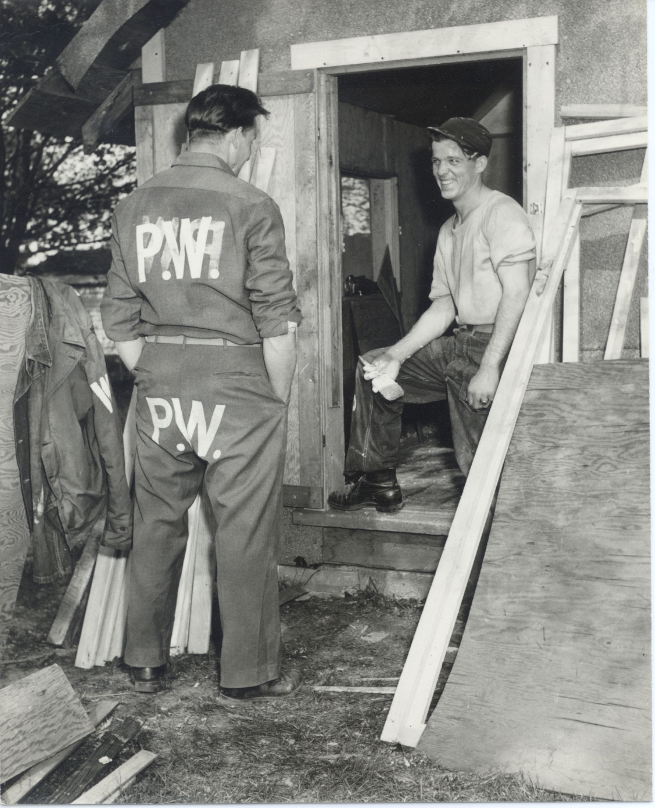 German POWs build a structure at a detention camp in Door County.