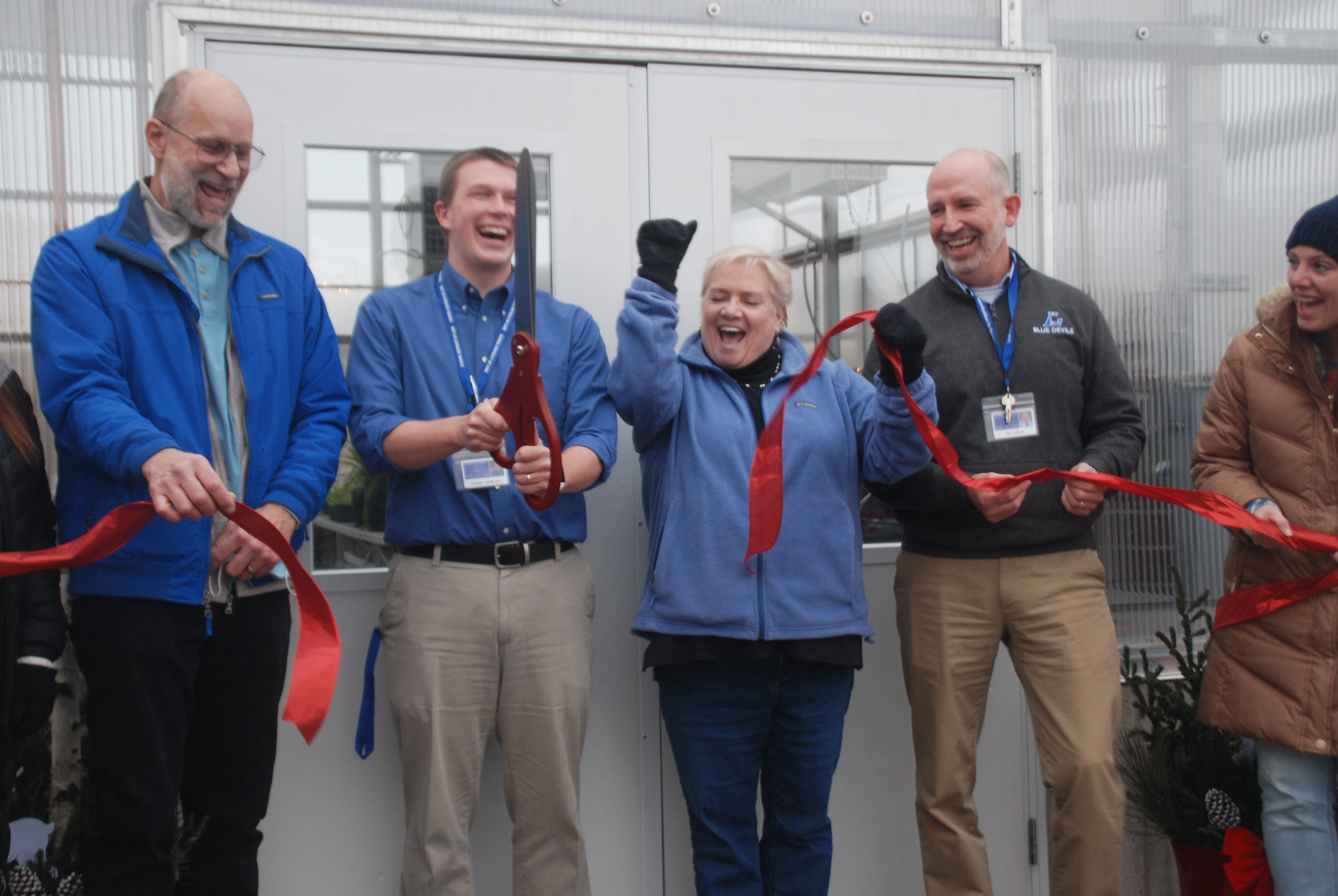 A group gathered to celebrate the dedication of Lodi High School’s new greenhouse last week. From left, H. Adam Steinberg Lodi School Board President, Lodi High School Agriculture instructor Connor Anderson, Ann Groves Lloyd, City of Lodi Mayor and Lodi High School Principal Joe Jelinek helped cut the ribbon in front of the state-of-the-art greenhouse at the school on December 7. The celebration was delayed by about a year due to the pandemic.