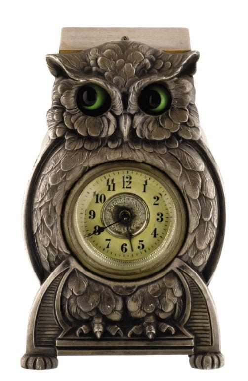 Moving eyes add interest to an antique clock. This blinking-owl clock sold for $1,900 at a Morford's auction in 2021.
